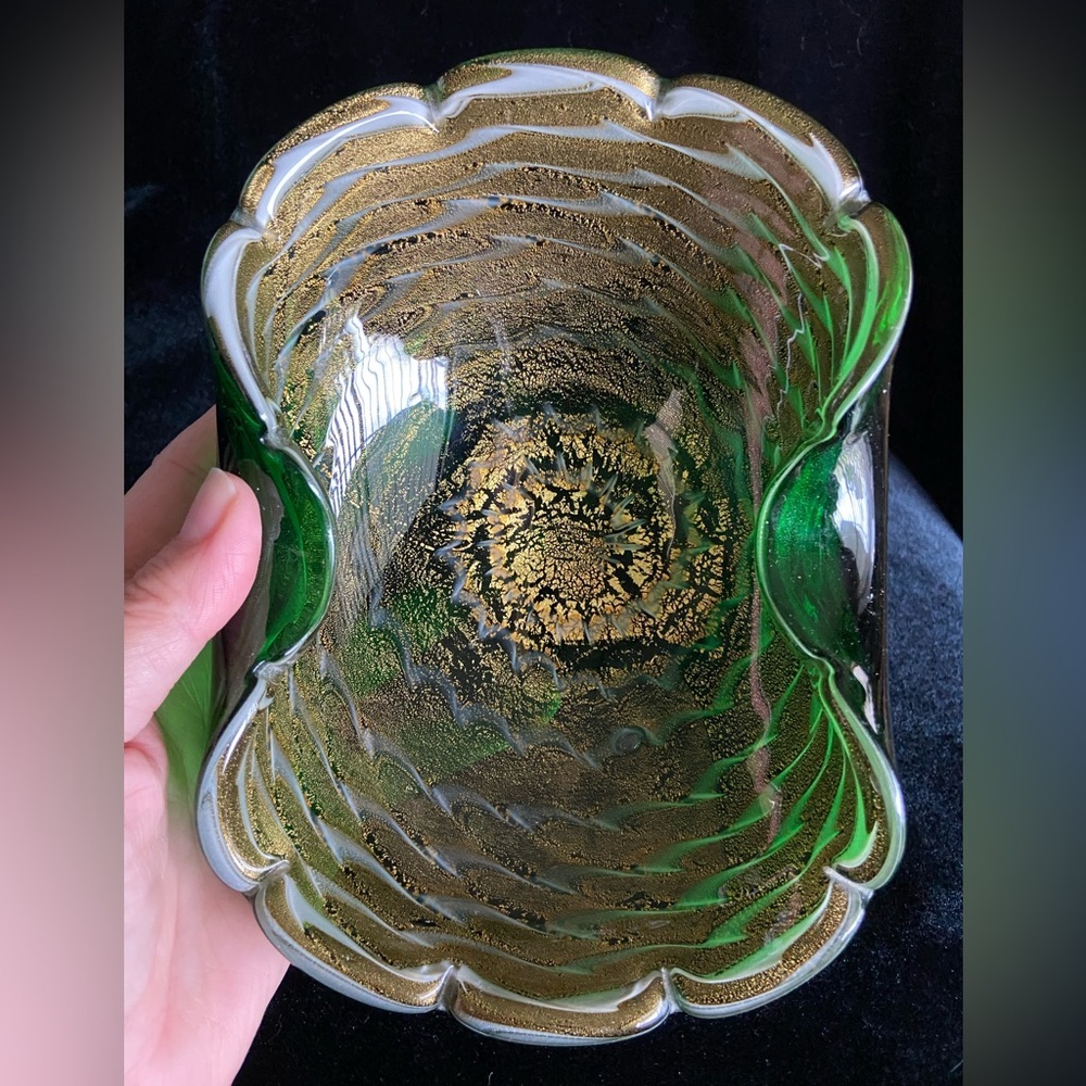 Murano Glass Green Cased Pinch Bowl w/ White & Gold Aventurine Speckle Interior